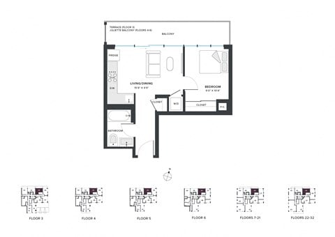 Floor plan for 1 bed, 1 bath, 453 sqft